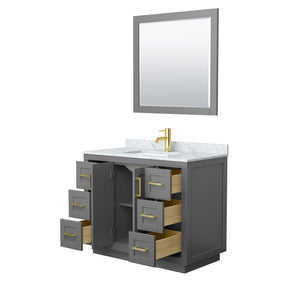 Miranda 42 Inch Single Bathroom Vanity in Dark Gray White Carrara Marble Countertop Undermount Square Sink Brushed Gold Trim 34 Inch Mirror
