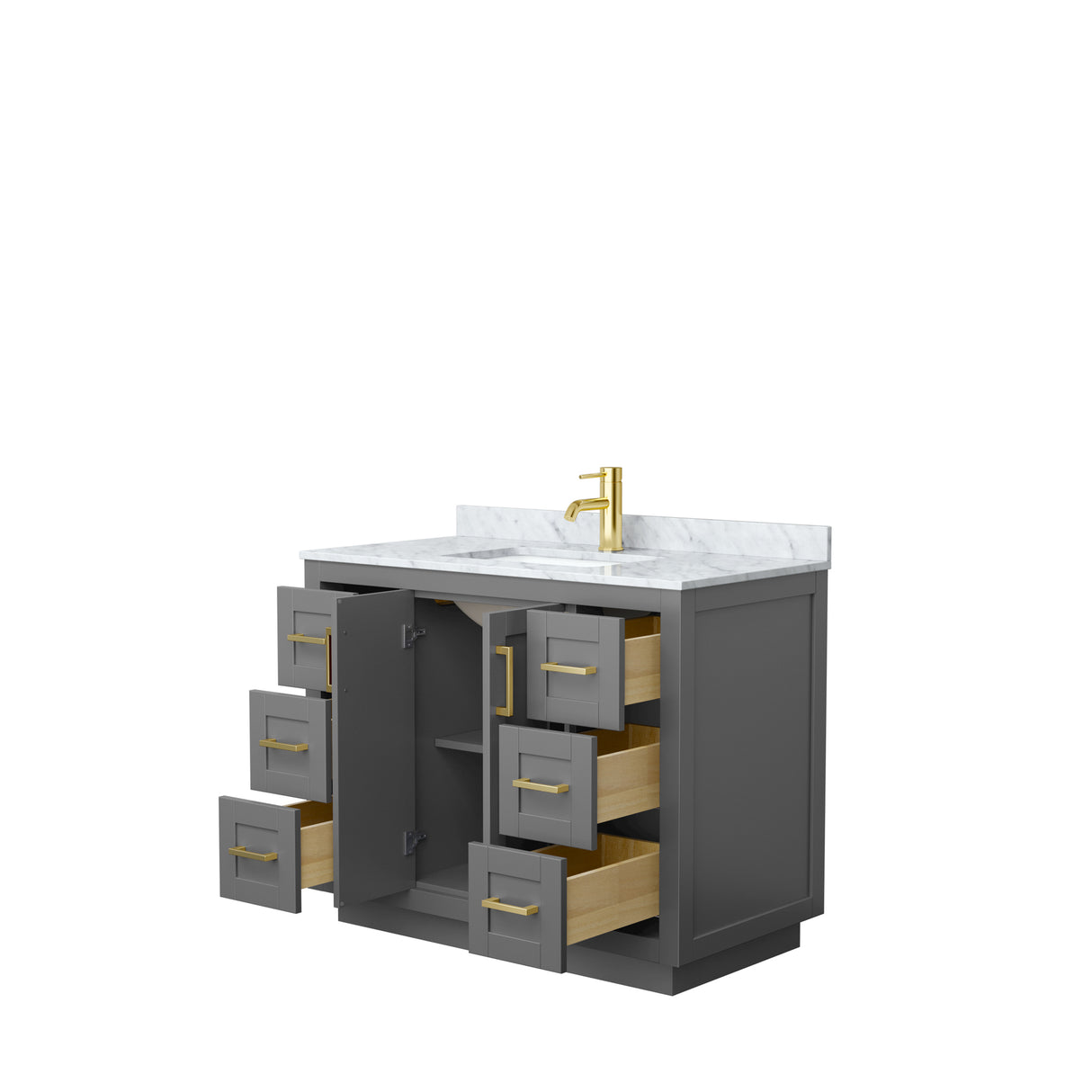 Miranda 42 Inch Single Bathroom Vanity in Dark Gray White Carrara Marble Countertop Undermount Square Sink Brushed Gold Trim