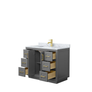 Miranda 42 Inch Single Bathroom Vanity in Dark Gray White Carrara Marble Countertop Undermount Square Sink Brushed Gold Trim