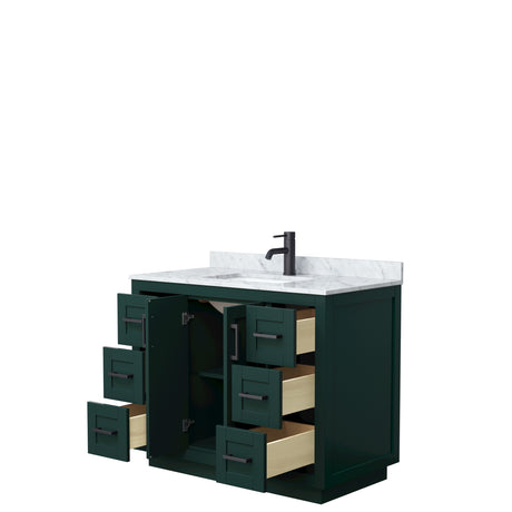 Miranda 42 Inch Single Bathroom Vanity in Green White Carrara Marble Countertop Undermount Square Sink Matte Black Trim