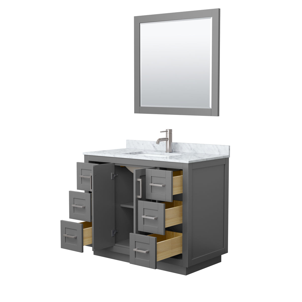 Miranda 42 Inch Single Bathroom Vanity in Dark Gray White Carrara Marble Countertop Undermount Square Sink Brushed Nickel Trim 34 Inch Mirror