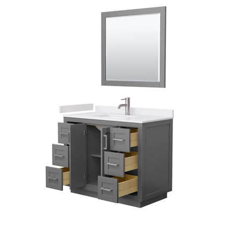 Miranda 42 Inch Single Bathroom Vanity in Dark Gray White Cultured Marble Countertop Undermount Square Sink Brushed Nickel Trim 34 Inch Mirror