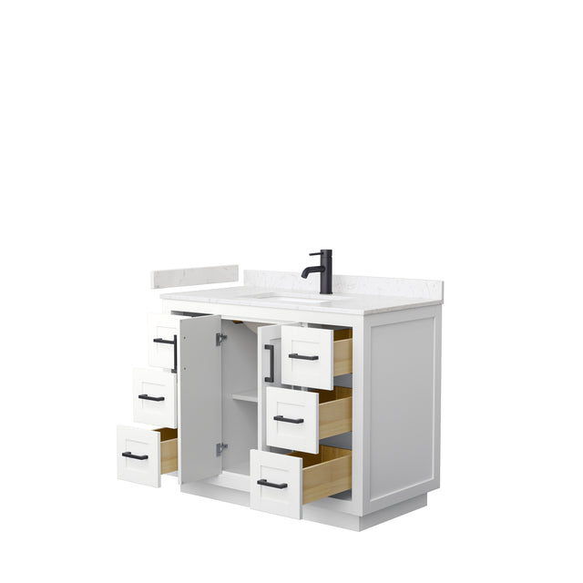 Miranda 42 Inch Single Bathroom Vanity in White Carrara Cultured Marble Countertop Undermount Square Sink Matte Black Trim