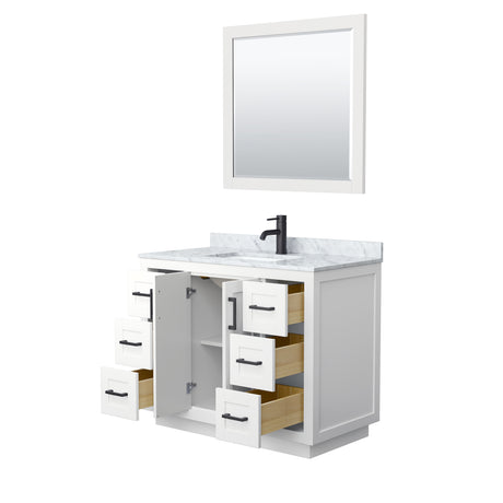 Miranda 42 Inch Single Bathroom Vanity in White White Carrara Marble Countertop Undermount Square Sink Matte Black Trim 34 Inch Mirror