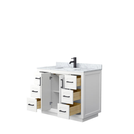 Miranda 42 Inch Single Bathroom Vanity in White White Carrara Marble Countertop Undermount Square Sink Matte Black Trim