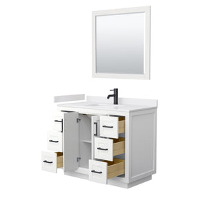 Miranda 42 Inch Single Bathroom Vanity in White White Cultured Marble Countertop Undermount Square Sink Matte Black Trim 34 Inch Mirror