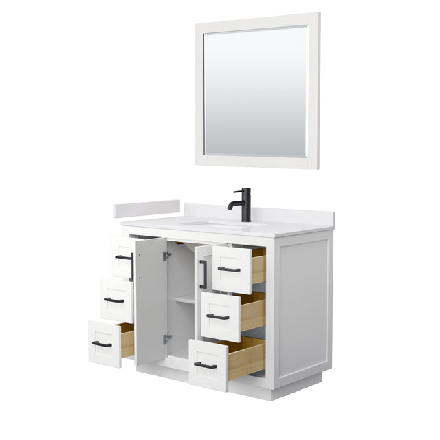 Miranda 42 Inch Single Bathroom Vanity in White White Cultured Marble Countertop Undermount Square Sink Matte Black Trim 34 Inch Mirror