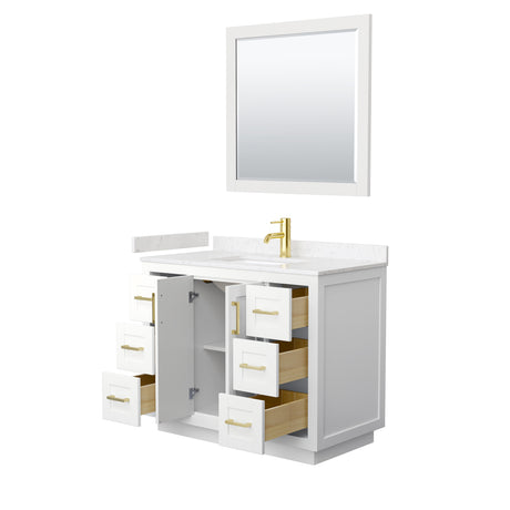 Miranda 42 Inch Single Bathroom Vanity in White Carrara Cultured Marble Countertop Undermount Square Sink Brushed Gold Trim 34 Inch Mirror