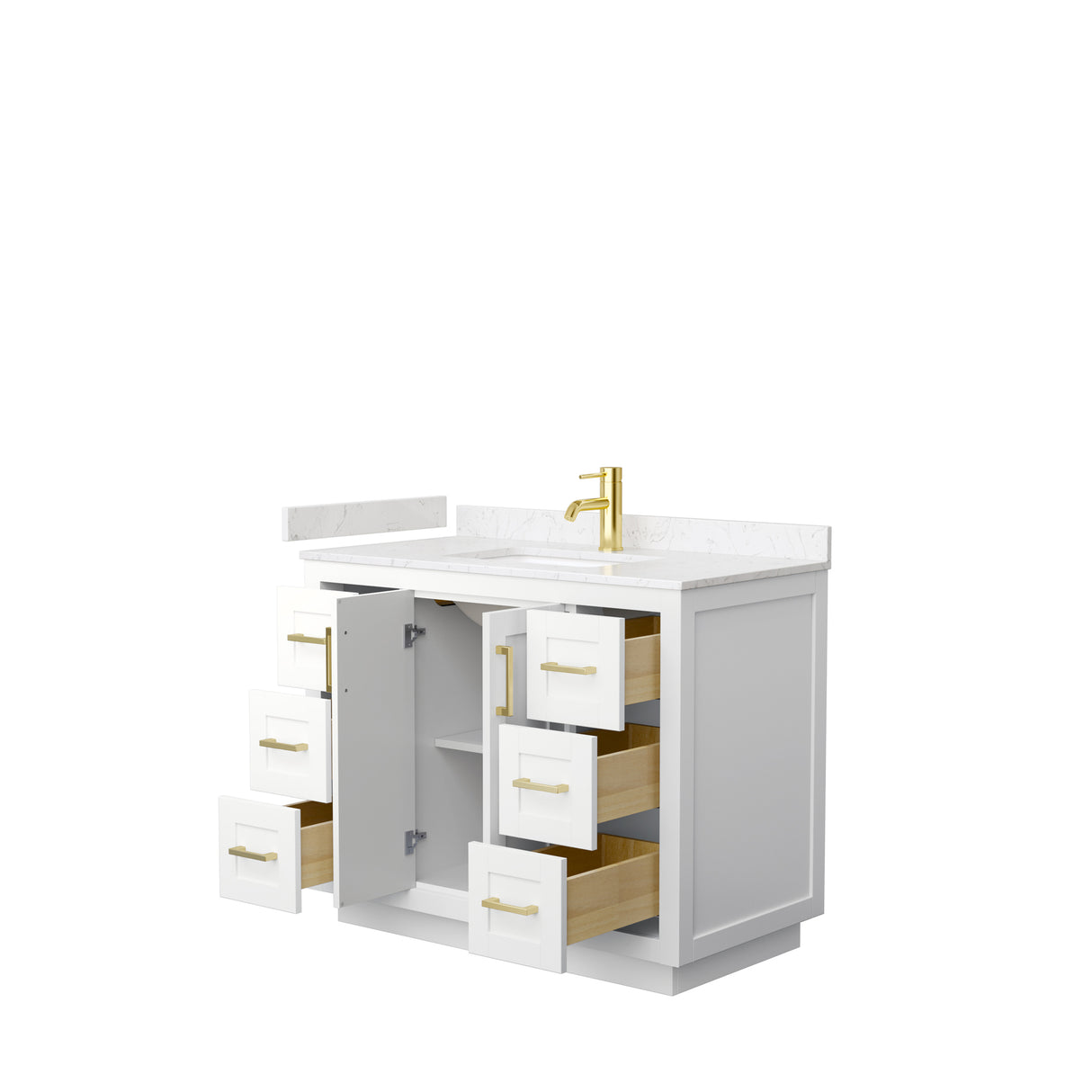 Miranda 42 Inch Single Bathroom Vanity in White Carrara Cultured Marble Countertop Undermount Square Sink Brushed Gold Trim