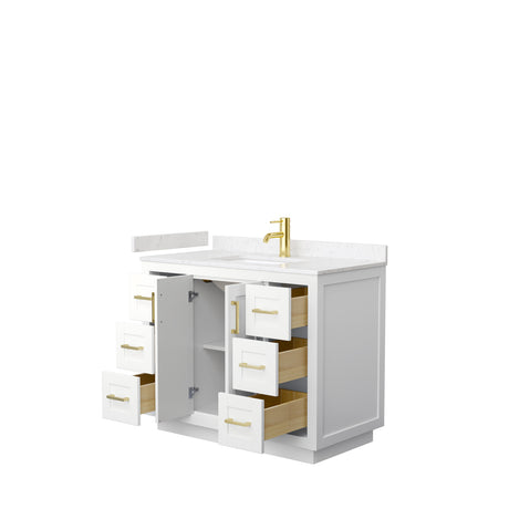 Miranda 42 Inch Single Bathroom Vanity in White Carrara Cultured Marble Countertop Undermount Square Sink Brushed Gold Trim