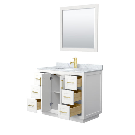 Miranda 42 Inch Single Bathroom Vanity in White White Carrara Marble Countertop Undermount Square Sink Brushed Gold Trim 34 Inch Mirror