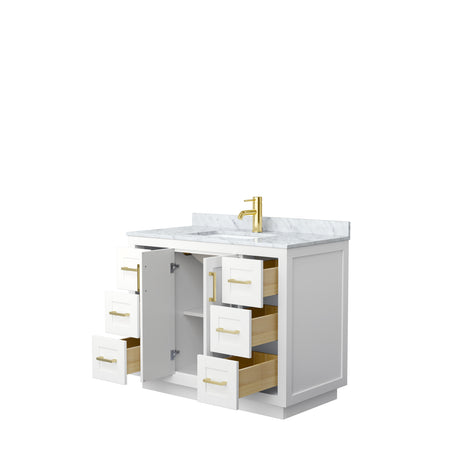 Miranda 42 Inch Single Bathroom Vanity in White White Carrara Marble Countertop Undermount Square Sink Brushed Gold Trim