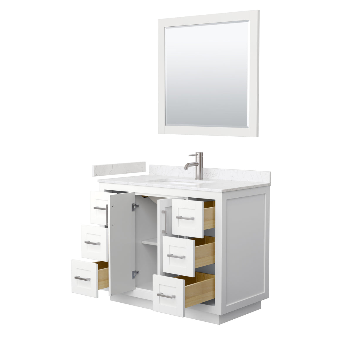 Miranda 42 Inch Single Bathroom Vanity in White Carrara Cultured Marble Countertop Undermount Square Sink Brushed Nickel Trim 34 Inch Mirror