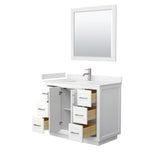 Miranda 42 Inch Single Bathroom Vanity in White Carrara Cultured Marble Countertop Undermount Square Sink Brushed Nickel Trim 34 Inch Mirror