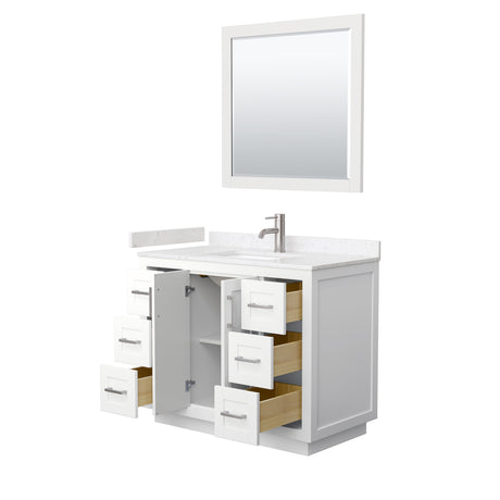 Miranda 42 Inch Single Bathroom Vanity in White Carrara Cultured Marble Countertop Undermount Square Sink Brushed Nickel Trim 34 Inch Mirror