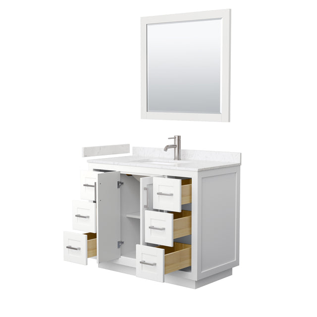 Miranda 42 Inch Single Bathroom Vanity in White Carrara Cultured Marble Countertop Undermount Square Sink Brushed Nickel Trim 34 Inch Mirror