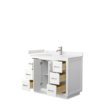 Miranda 42 Inch Single Bathroom Vanity in White Carrara Cultured Marble Countertop Undermount Square Sink Brushed Nickel Trim