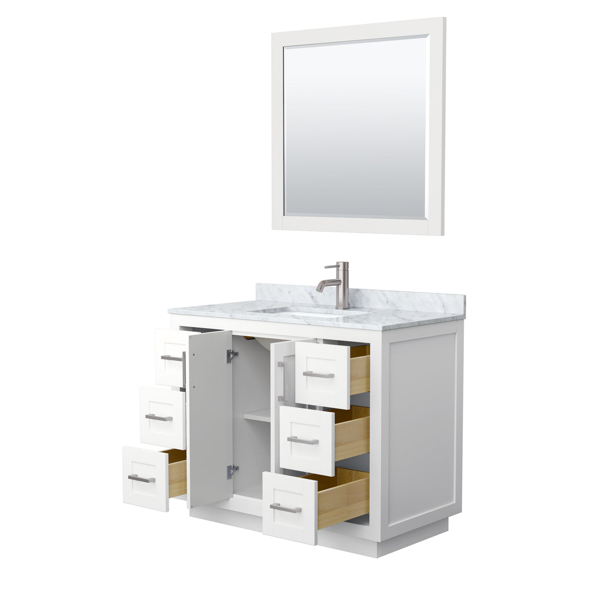 Miranda 42 Inch Single Bathroom Vanity in White White Carrara Marble Countertop Undermount Square Sink Brushed Nickel Trim 34 Inch Mirror