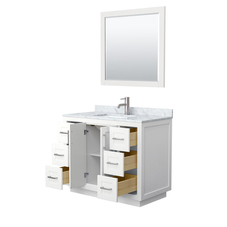 Miranda 42 Inch Single Bathroom Vanity in White White Carrara Marble Countertop Undermount Square Sink Brushed Nickel Trim 34 Inch Mirror