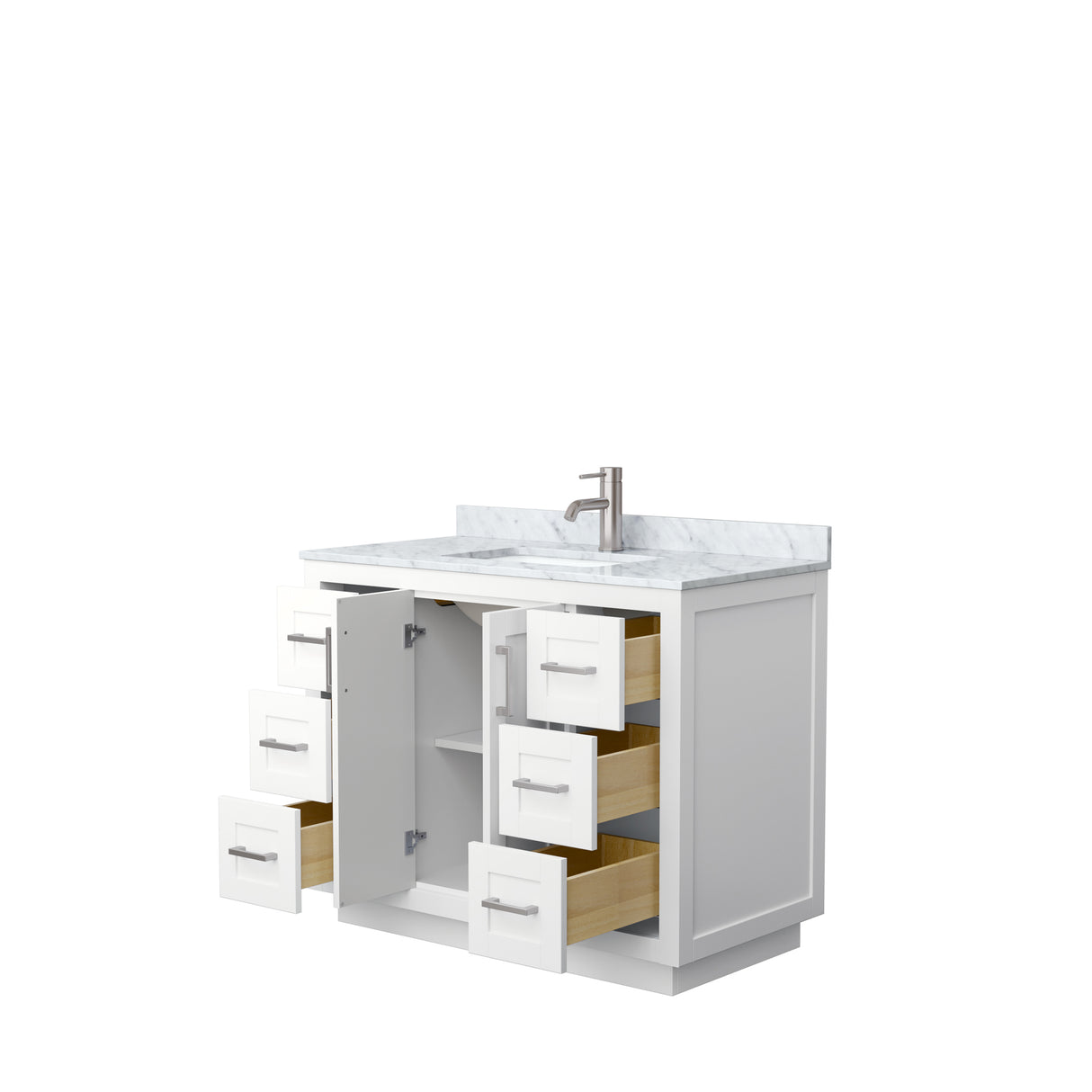 Miranda 42 Inch Single Bathroom Vanity in White White Carrara Marble Countertop Undermount Square Sink Brushed Nickel Trim
