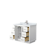 Miranda 42 Inch Single Bathroom Vanity in White White Carrara Marble Countertop Undermount Square Sink Brushed Nickel Trim
