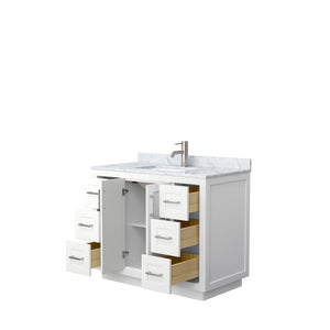 Miranda 42 Inch Single Bathroom Vanity in White White Carrara Marble Countertop Undermount Square Sink Brushed Nickel Trim