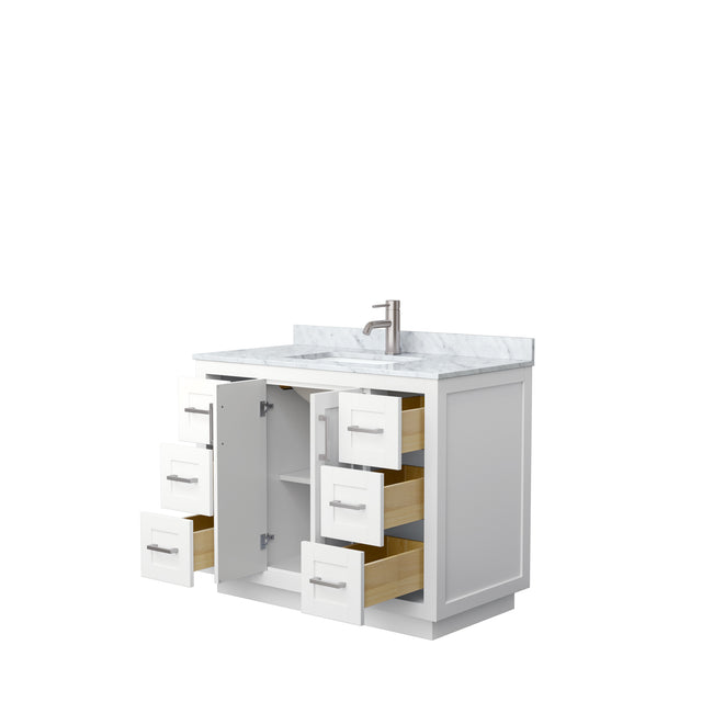 Miranda 42 Inch Single Bathroom Vanity in White White Carrara Marble Countertop Undermount Square Sink Brushed Nickel Trim