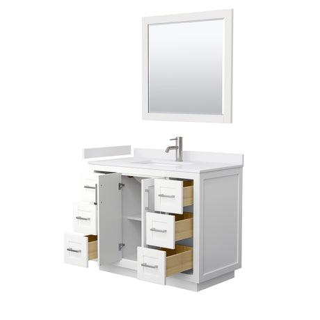 Miranda 42 Inch Single Bathroom Vanity in White White Cultured Marble Countertop Undermount Square Sink Brushed Nickel Trim 34 Inch Mirror