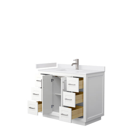 Miranda 42 Inch Single Bathroom Vanity in White White Cultured Marble Countertop Undermount Square Sink Brushed Nickel Trim
