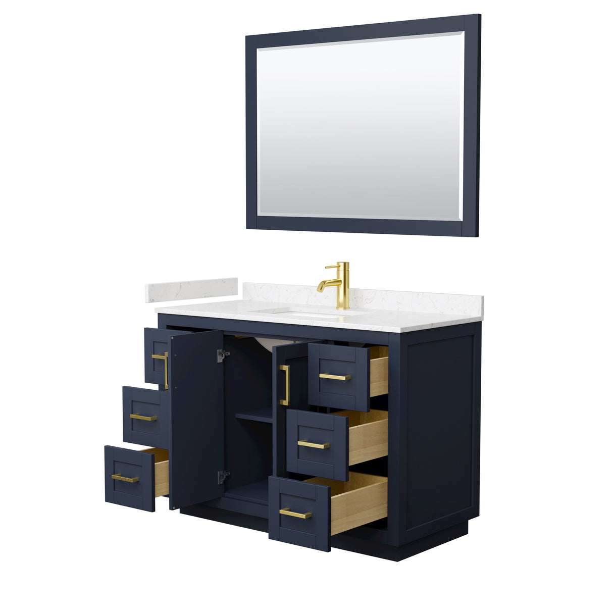 Miranda 48 Inch Single Bathroom Vanity in Dark Blue Carrara Cultured Marble Countertop Undermount Square Sink Brushed Gold Trim 46 Inch Mirror