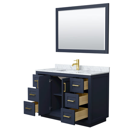 Miranda 48 Inch Single Bathroom Vanity in Dark Blue White Carrara Marble Countertop Undermount Square Sink Brushed Gold Trim 46 Inch Mirror