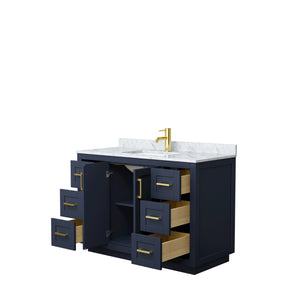 Miranda 48 Inch Single Bathroom Vanity in Dark Blue White Carrara Marble Countertop Undermount Square Sink Brushed Gold Trim