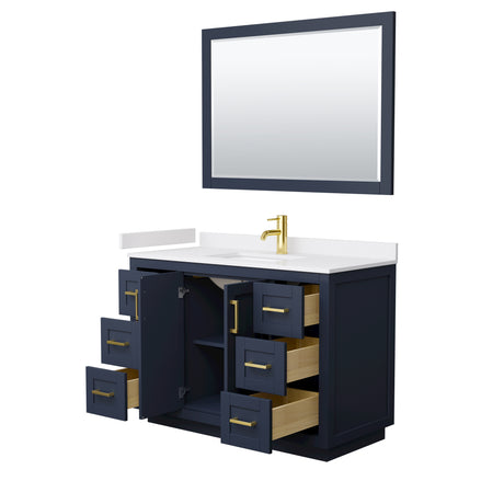 Miranda 48 Inch Single Bathroom Vanity in Dark Blue White Cultured Marble Countertop Undermount Square Sink Brushed Gold Trim 46 Inch Mirror