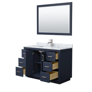 Miranda 48 Inch Single Bathroom Vanity in Dark Blue White Carrara Marble Countertop Undermount Square Sink Brushed Nickel Trim 46 Inch Mirror