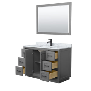 Miranda 48 Inch Single Bathroom Vanity in Dark Gray White Carrara Marble Countertop Undermount Square Sink Matte Black Trim 46 Inch Mirror