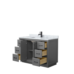 Miranda 48 Inch Single Bathroom Vanity in Dark Gray White Carrara Marble Countertop Undermount Square Sink Matte Black Trim