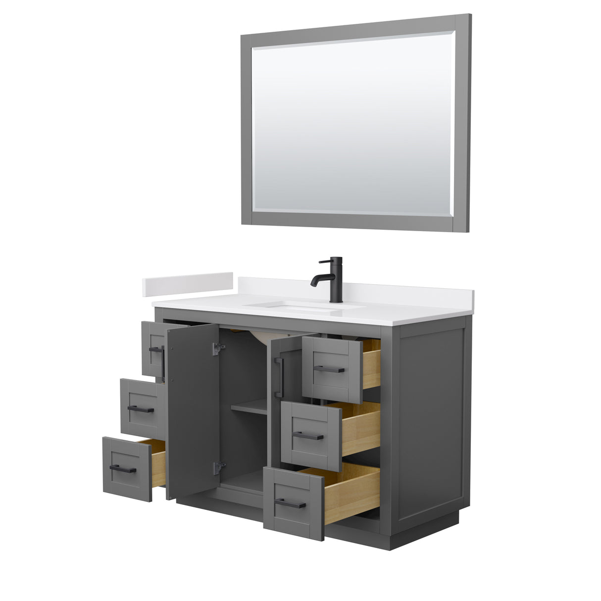 Miranda 48 Inch Single Bathroom Vanity in Dark Gray White Cultured Marble Countertop Undermount Square Sink Matte Black Trim 46 Inch Mirror