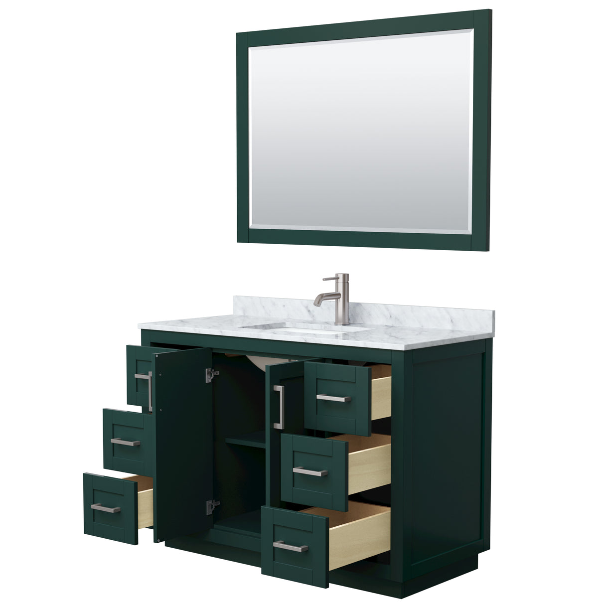 Miranda 48 Inch Single Bathroom Vanity in Green White Carrara Marble Countertop Undermount Square Sink Brushed Nickel Trim 46 Inch Mirror