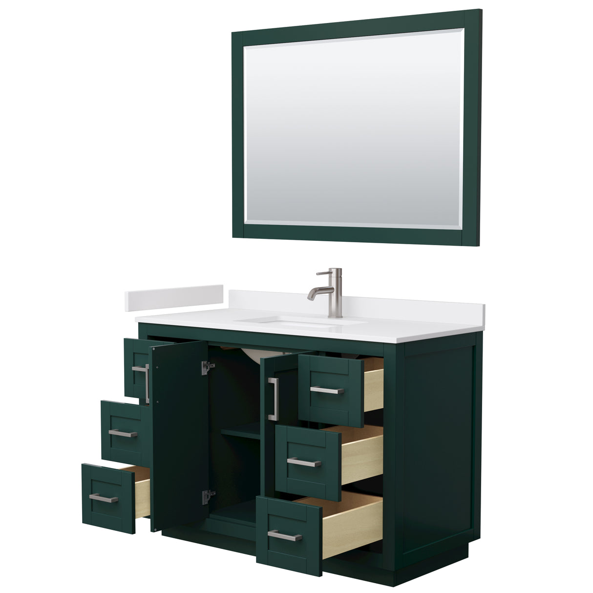 Miranda 48 Inch Single Bathroom Vanity in Green White Cultured Marble Countertop Undermount Square Sink Brushed Nickel Trim 46 Inch Mirror