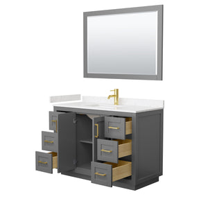 Miranda 48 Inch Single Bathroom Vanity in Dark Gray Carrara Cultured Marble Countertop Undermount Square Sink Brushed Gold Trim 46 Inch Mirror