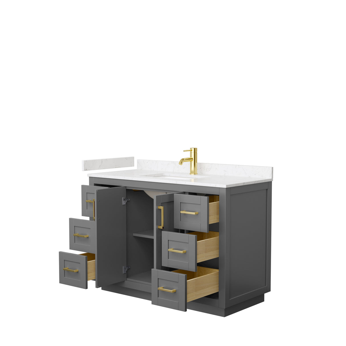 Miranda 48 Inch Single Bathroom Vanity in Dark Gray Carrara Cultured Marble Countertop Undermount Square Sink Brushed Gold Trim