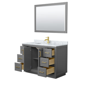 Miranda 48 Inch Single Bathroom Vanity in Dark Gray White Carrara Marble Countertop Undermount Square Sink Brushed Gold Trim 46 Inch Mirror
