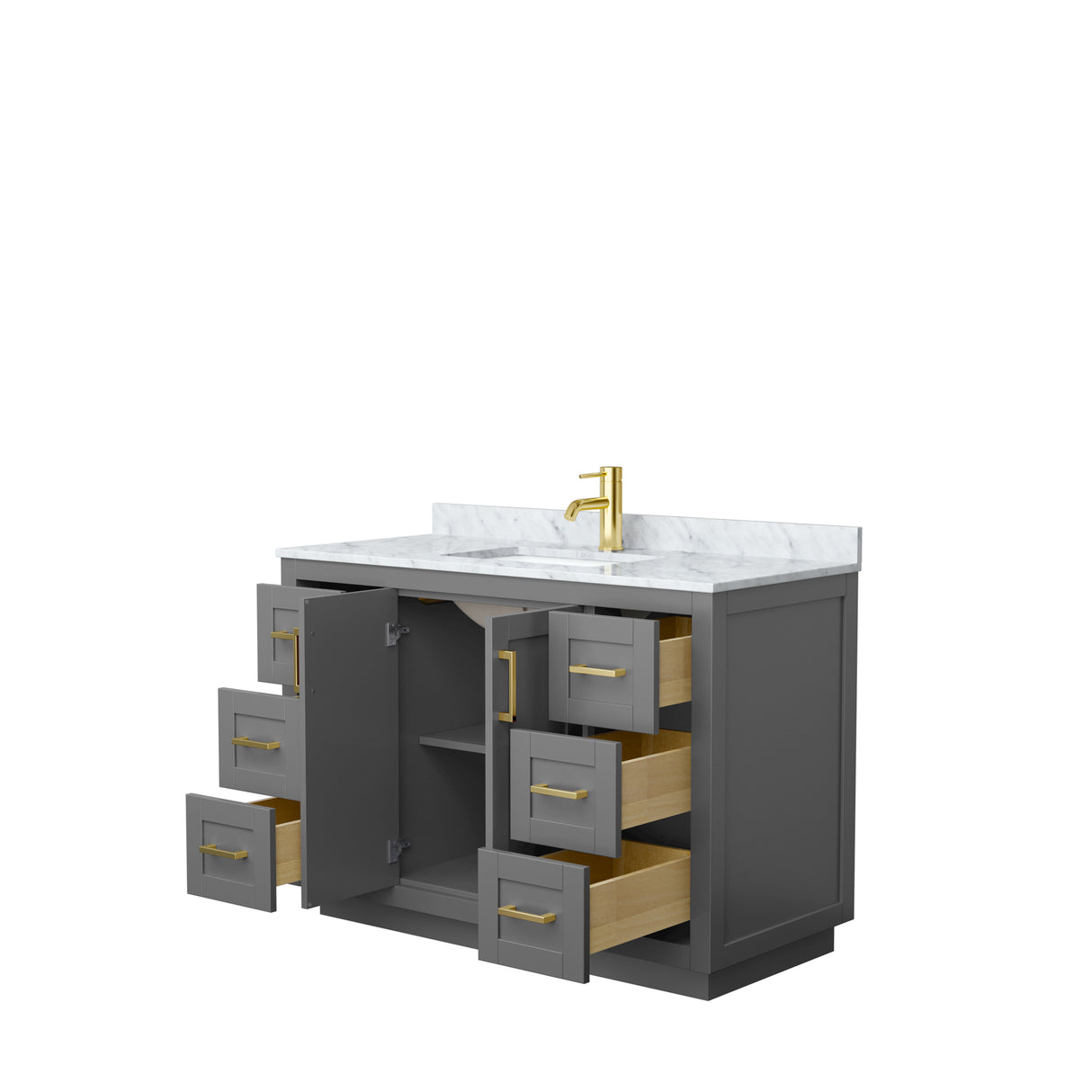 Miranda 48 Inch Single Bathroom Vanity in Dark Gray White Carrara Marble Countertop Undermount Square Sink Brushed Gold Trim