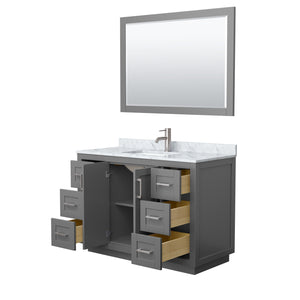 Miranda 48 Inch Single Bathroom Vanity in Dark Gray White Carrara Marble Countertop Undermount Square Sink Brushed Nickel Trim 46 Inch Mirror
