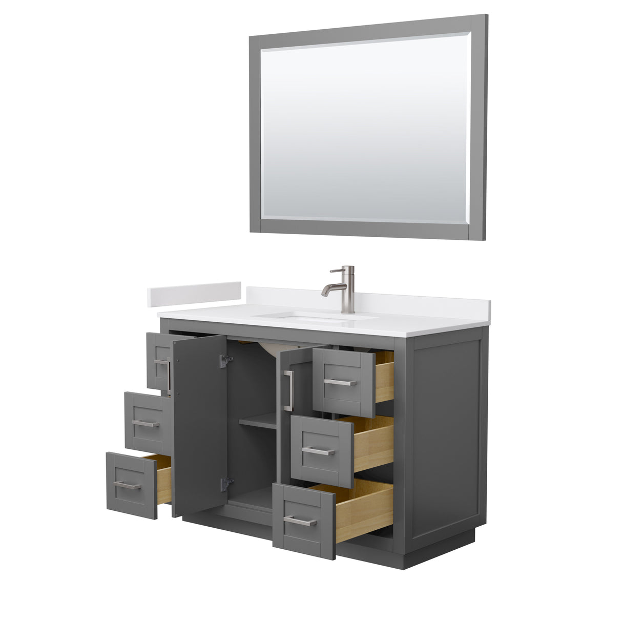 Miranda 48 Inch Single Bathroom Vanity in Dark Gray White Cultured Marble Countertop Undermount Square Sink Brushed Nickel Trim 46 Inch Mirror