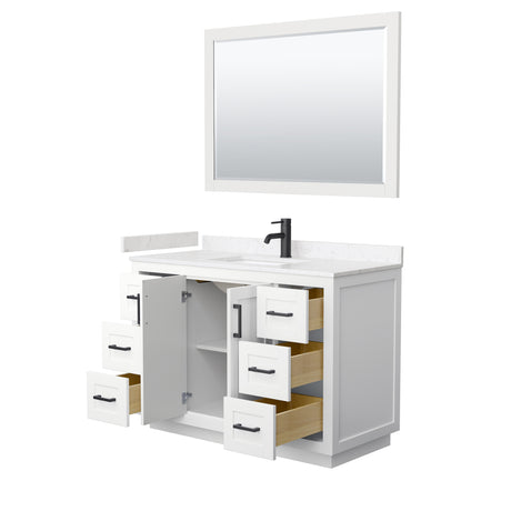 Miranda 48 Inch Single Bathroom Vanity in White Carrara Cultured Marble Countertop Undermount Square Sink Matte Black Trim 46 Inch Mirror