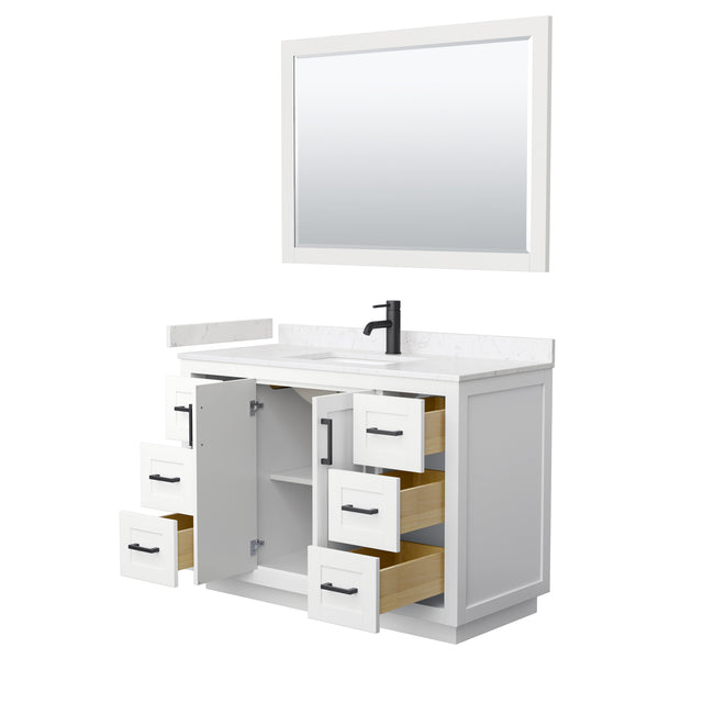Miranda 48 Inch Single Bathroom Vanity in White Carrara Cultured Marble Countertop Undermount Square Sink Matte Black Trim 46 Inch Mirror