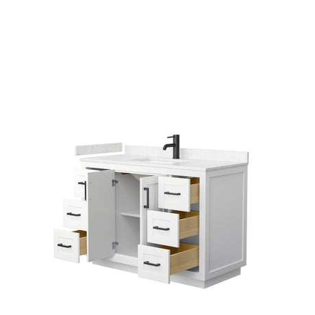 Miranda 48 Inch Single Bathroom Vanity in White Carrara Cultured Marble Countertop Undermount Square Sink Matte Black Trim