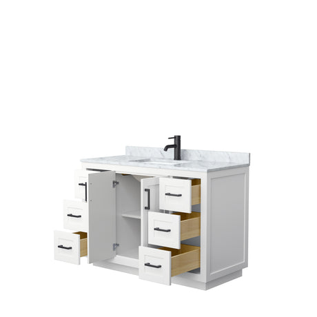 Miranda 48 Inch Single Bathroom Vanity in White White Carrara Marble Countertop Undermount Square Sink Matte Black Trim