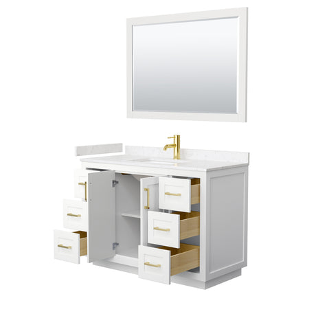 Miranda 48 Inch Single Bathroom Vanity in White Carrara Cultured Marble Countertop Undermount Square Sink Brushed Gold Trim 46 Inch Mirror